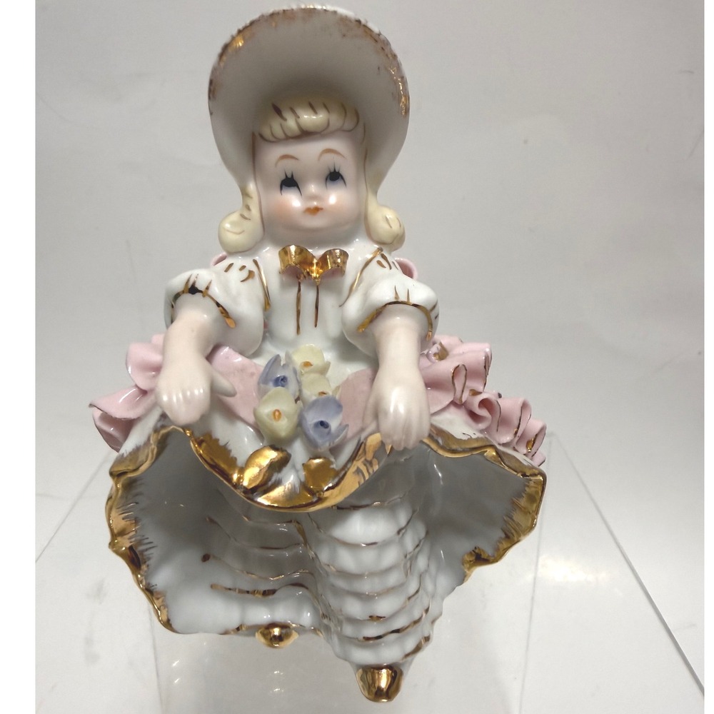 Vintage Josef Original Figurine Pink Ruffle‎ Dress Gold Trim Porcelain
